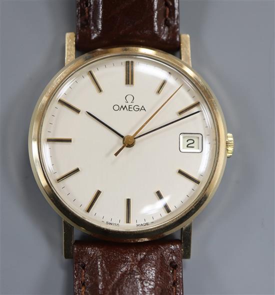 A gentlemans yellow metal Omega manual wind wrist watch, with date aperture, on later associated leather strap.